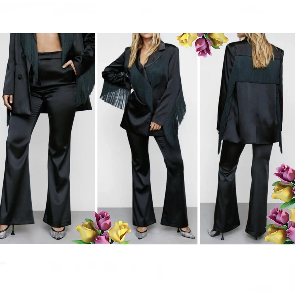 NWT Nasty Gal Premium Bonded Black Satin Flare Trousers Pants Made in Turkey US4